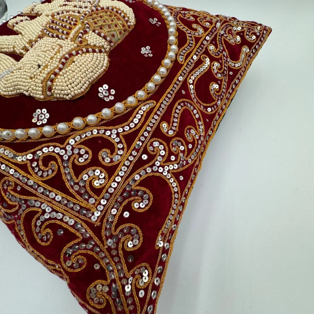Handmade Elephant Throw‎ Pillow Red Velvet Beaded Sequin Boho Decor